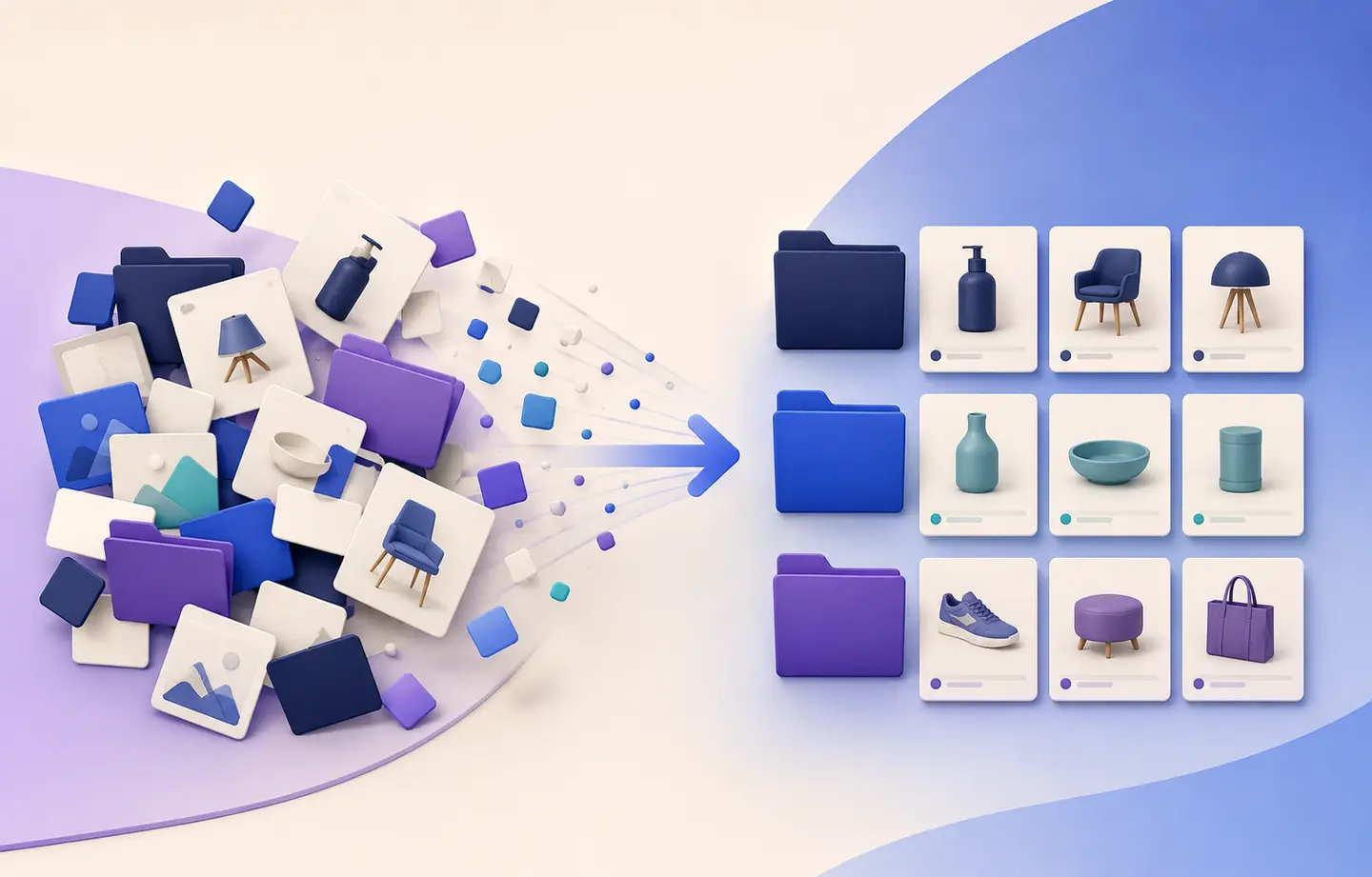 Editorial illustration of product cards becoming an organized catalog