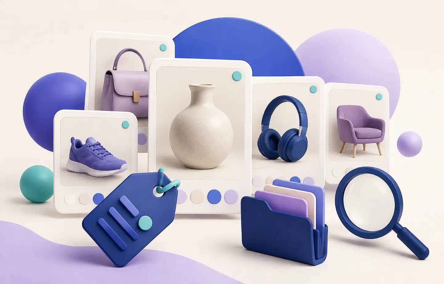 Editorial illustration of organized product images and catalog checks