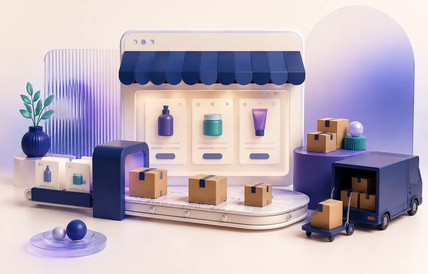 Editorial illustration of an organized Shopify storefront workflow