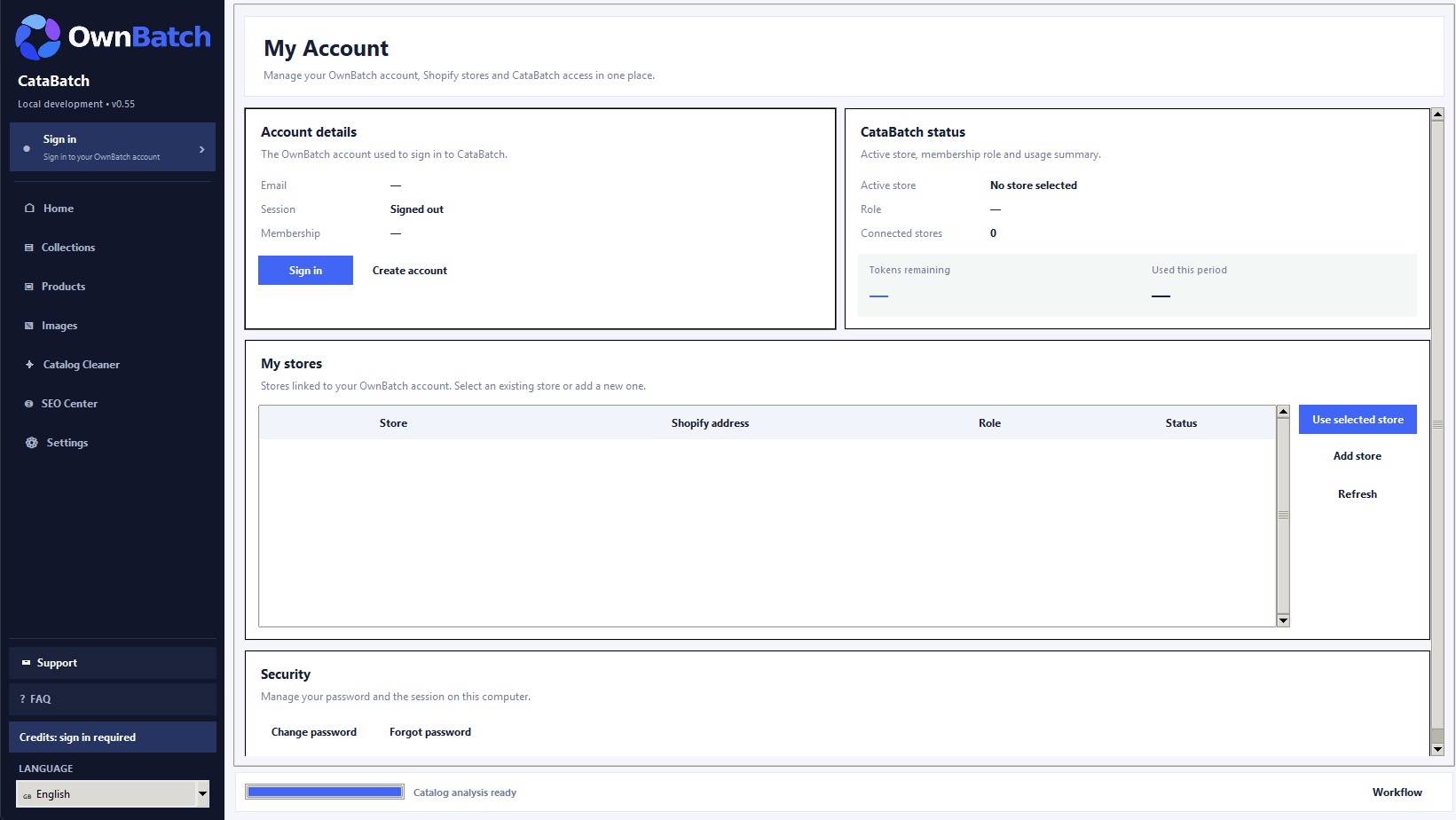 CataBatch OwnBatch account and Shopify store connection screen
