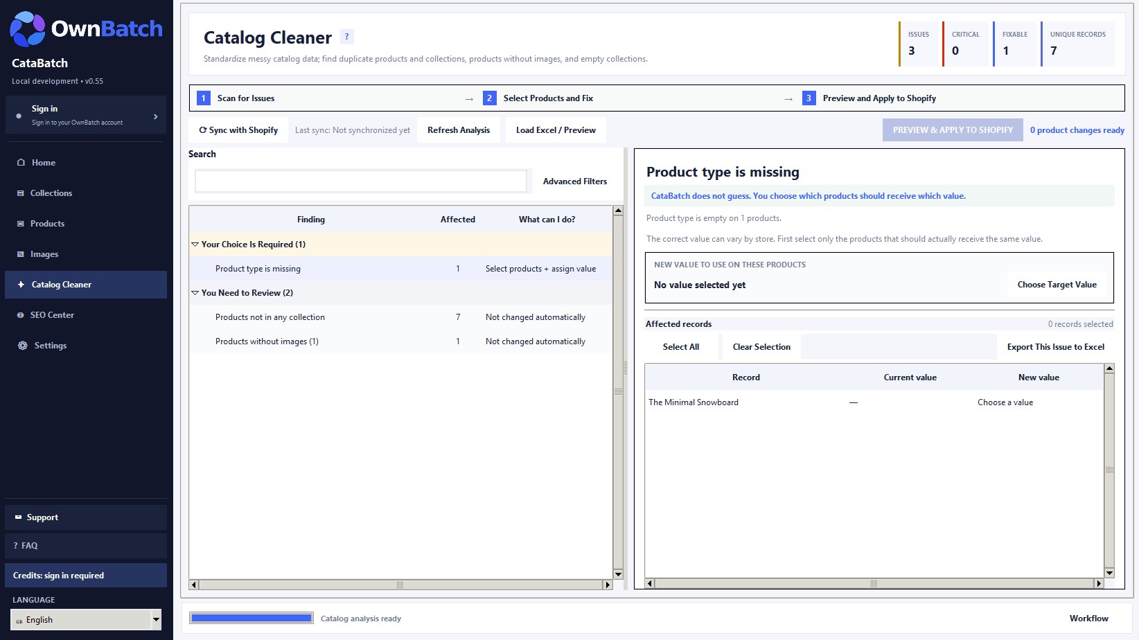 CataBatch Catalog Cleaner showing reviewable Shopify catalog issues
