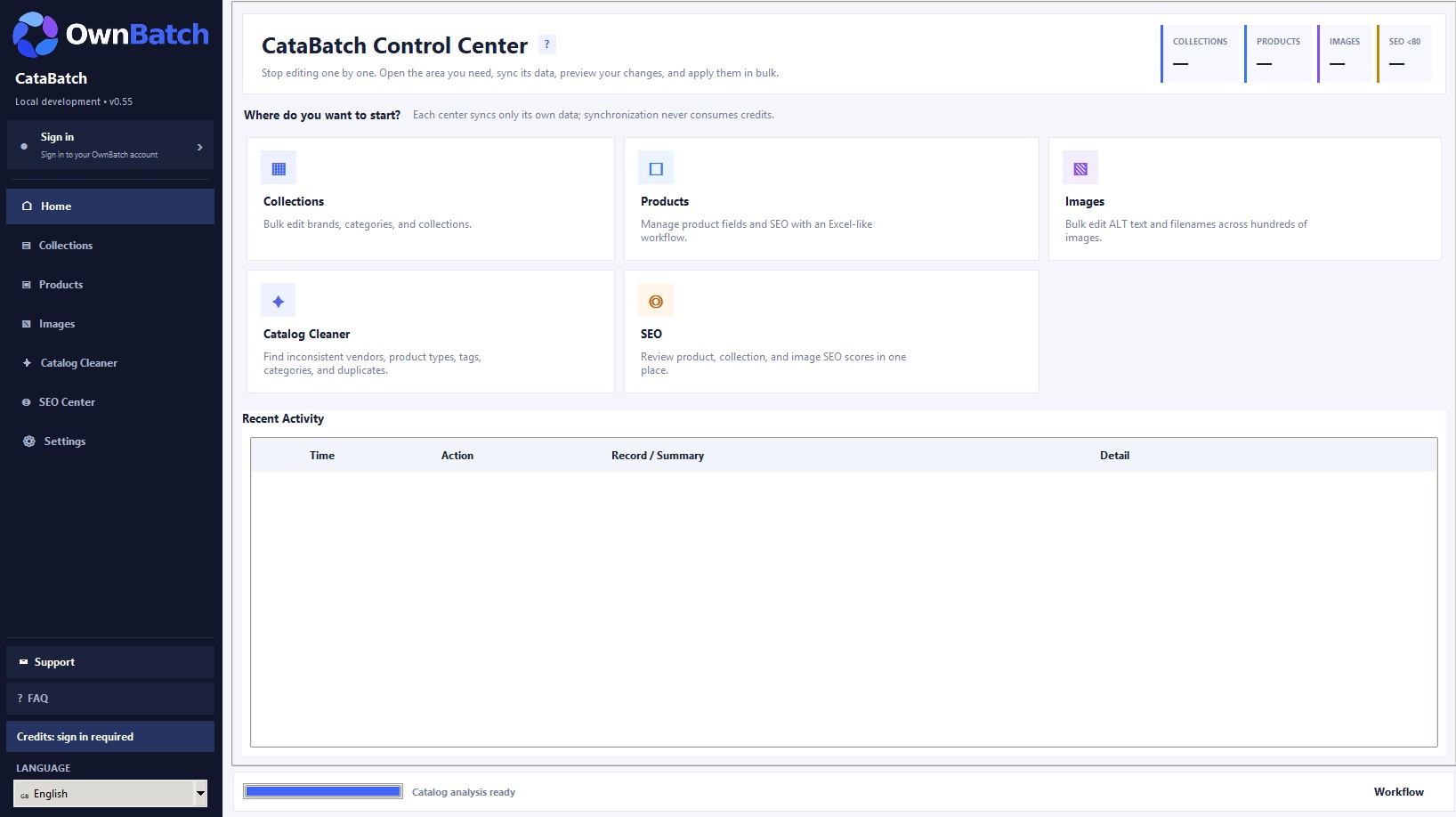 CataBatch desktop beta control center with catalog tools