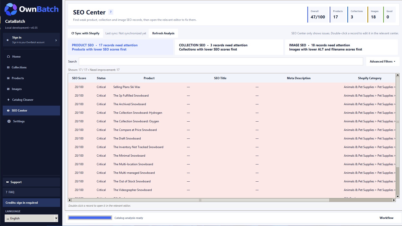 CataBatch SEO Center showing product collection and image checks