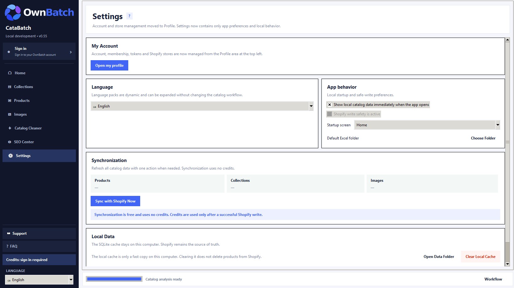 CataBatch desktop beta settings and synchronization controls
